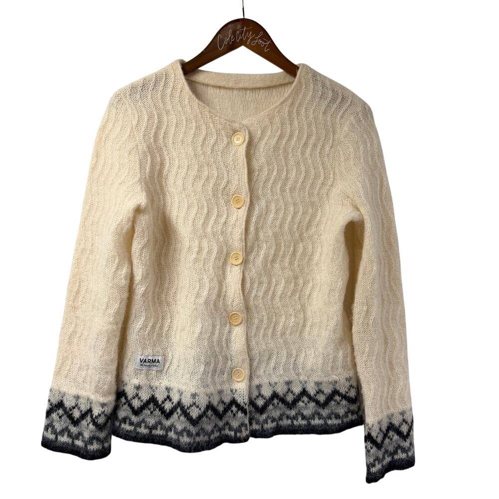 Varma Cardigan Sweater Small Ivory Icelandic Wool Textured Waves